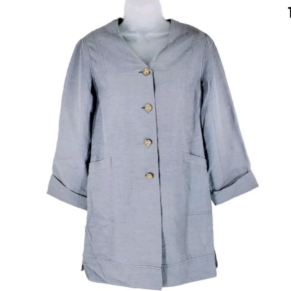 J. Jill Silk Linen Slate Blue Button Front Longline Jacket Lagenlook Layered - Picture 2 of 14